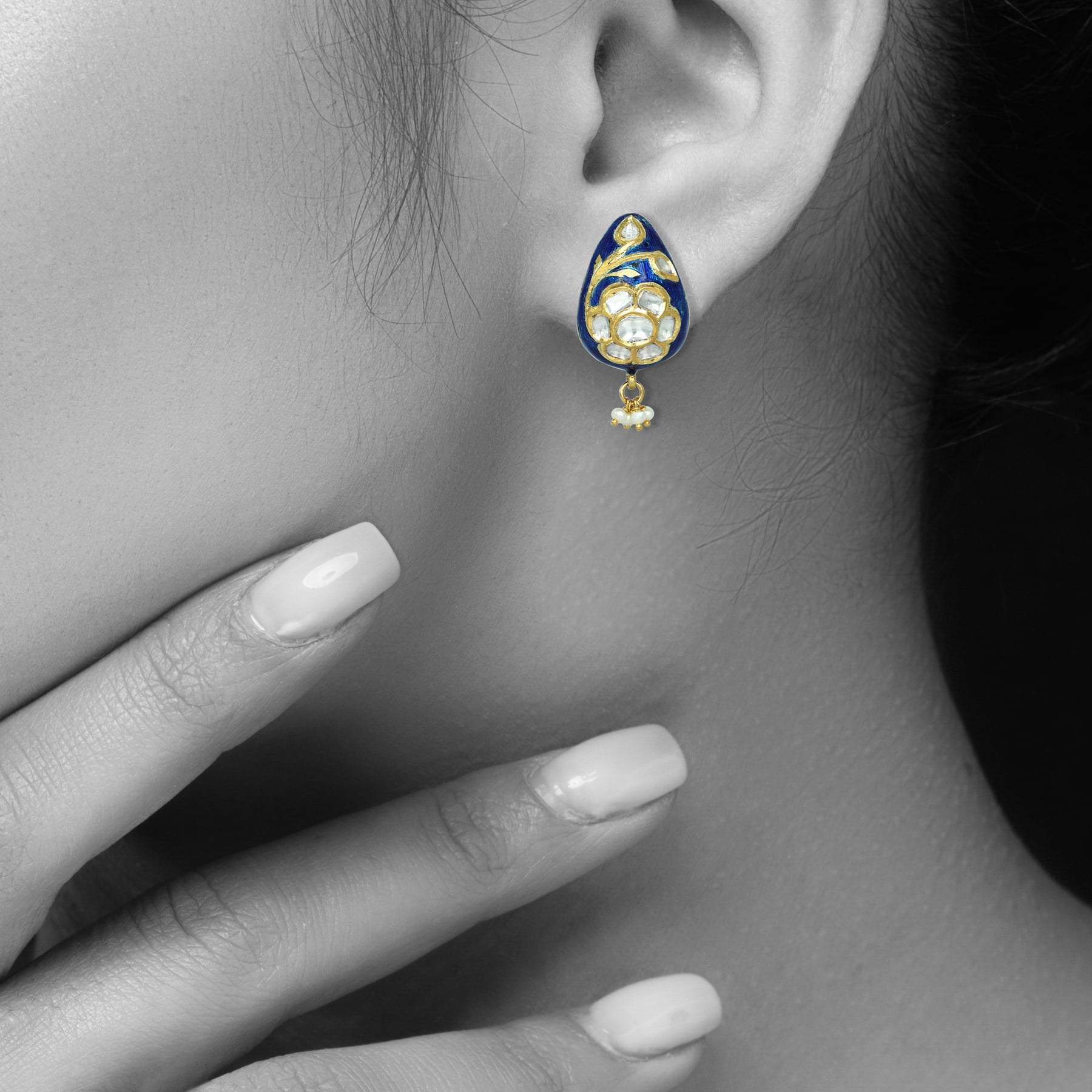 Blue Enamel Polki Earrings with Floral Motif and Pearl Cluster